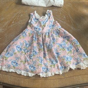 cheeky plum Pink Floral Dress with Blue Blossoms and White Lace